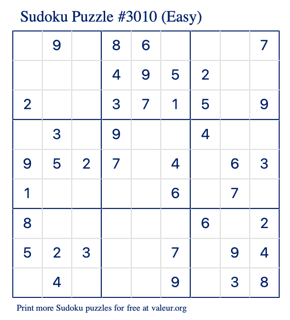 Free Printable Easy Sudoku Puzzle number 3010