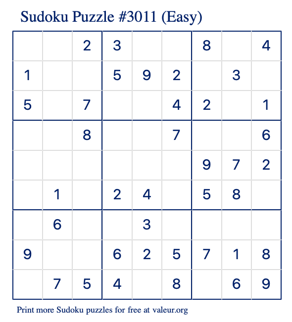 Free Printable Easy Sudoku Puzzle number 3011