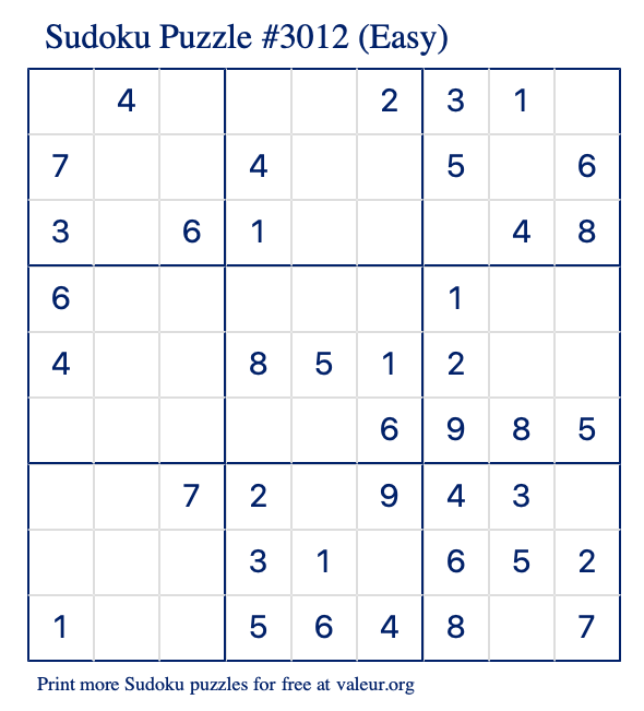 Free Printable Easy Sudoku Puzzle number 3012