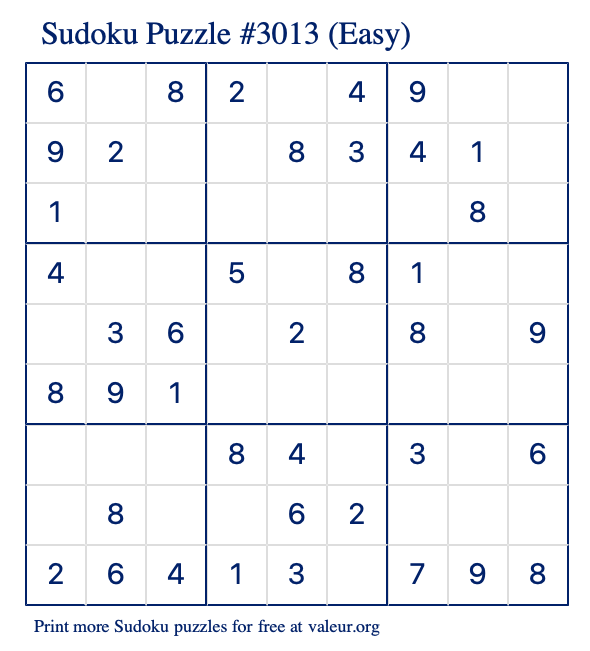 Free Printable Easy Sudoku Puzzle number 3013