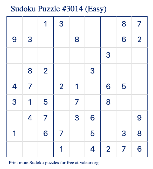 Free Printable Easy Sudoku Puzzle number 3014