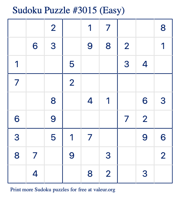 Free Printable Easy Sudoku Puzzle number 3015