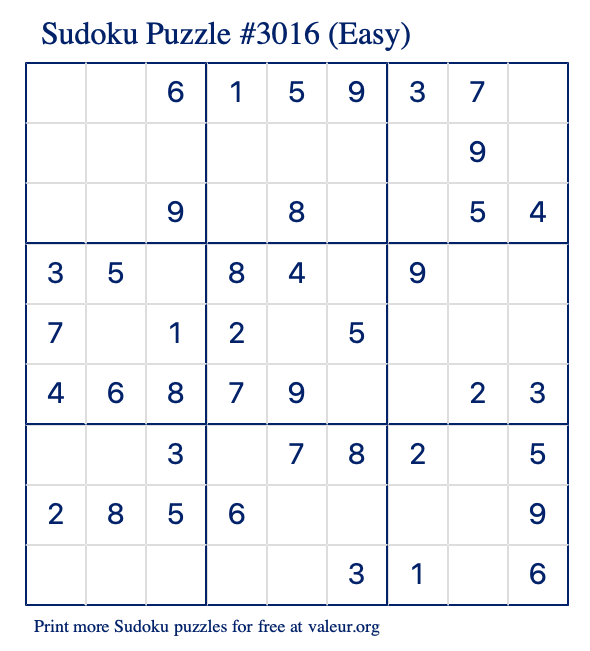 Free Printable Easy Sudoku Puzzle number 3016