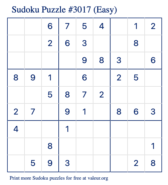 Free Printable Easy Sudoku Puzzle number 3017