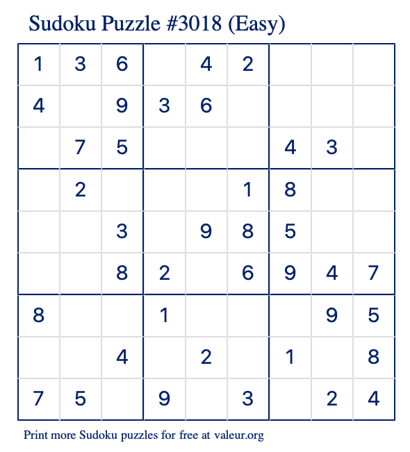 Free Printable Easy Sudoku Puzzle number 3018