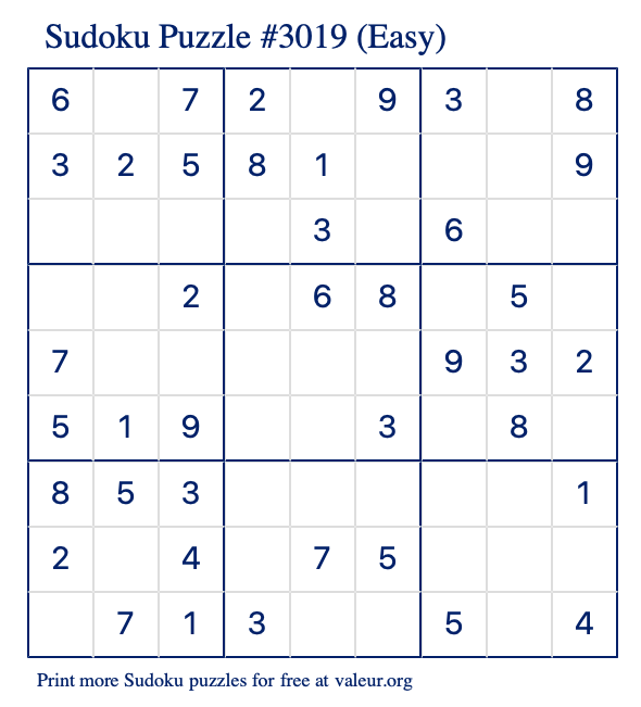 Free Printable Easy Sudoku Puzzle number 3019