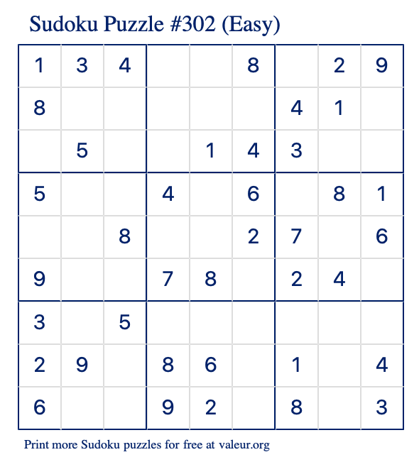 Free Printable Easy Sudoku Puzzle number 302