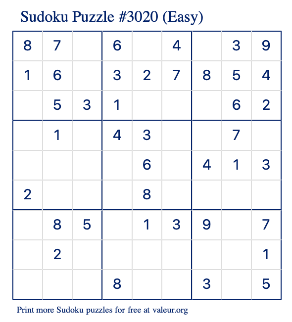 Free Printable Easy Sudoku Puzzle number 3020