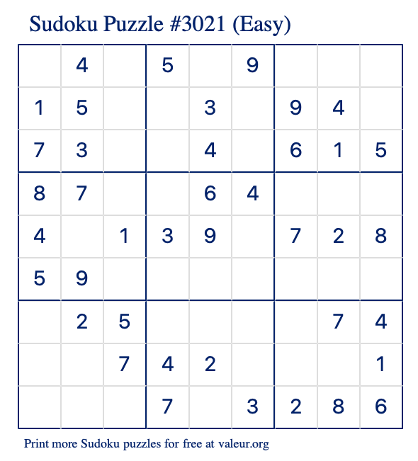 Free Printable Easy Sudoku Puzzle number 3021