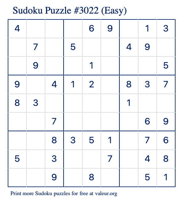 Free Printable Easy Sudoku Puzzle number 3022