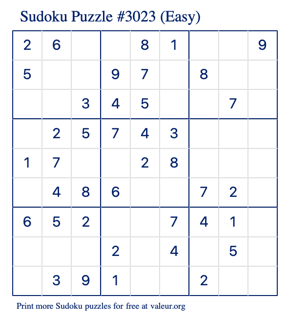 Free Printable Easy Sudoku Puzzle number 3023