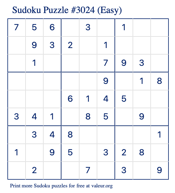 Free Printable Easy Sudoku Puzzle number 3024