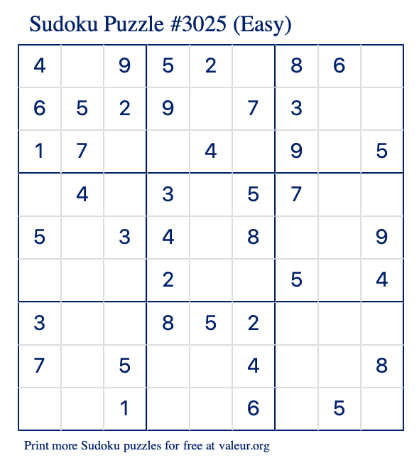 Free Printable Easy Sudoku Puzzle number 3025