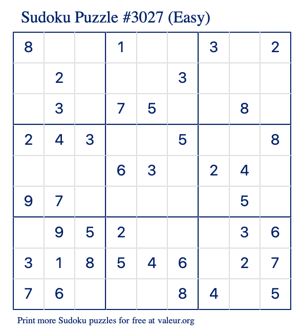 Free Printable Easy Sudoku Puzzle number 3027