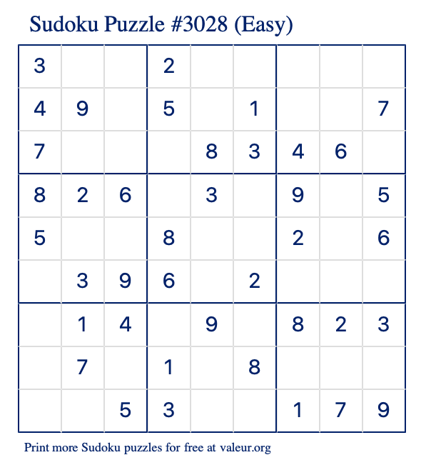 Free Printable Easy Sudoku Puzzle number 3028