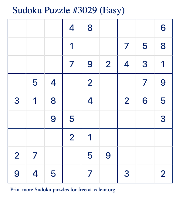 Free Printable Easy Sudoku Puzzle number 3029