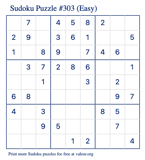 Free Printable Easy Sudoku Puzzle number 303