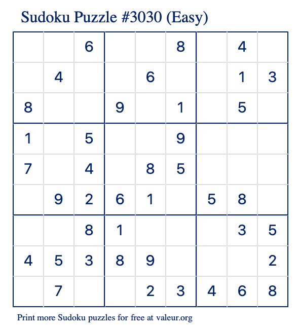 Free Printable Easy Sudoku Puzzle number 3030