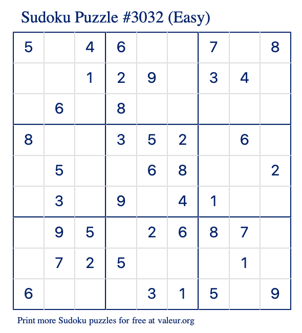 Free Printable Easy Sudoku Puzzle number 3032