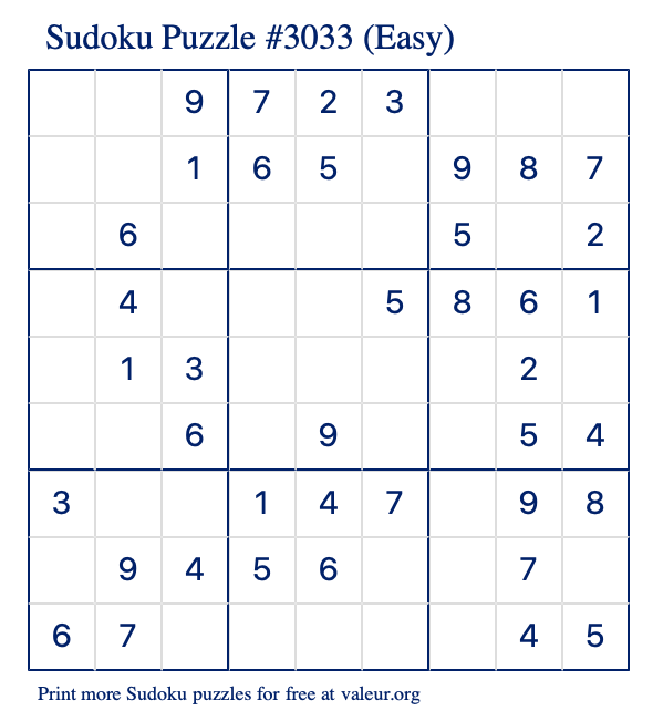 Free Printable Easy Sudoku Puzzle number 3033