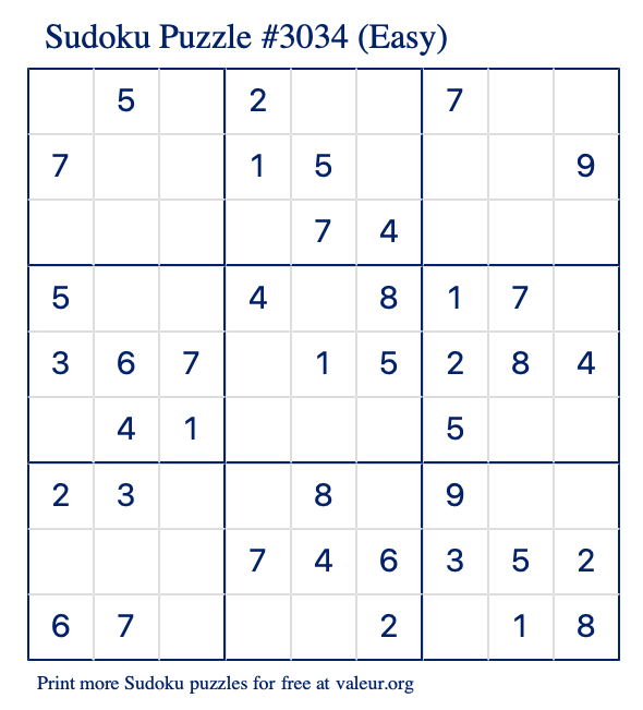 Free Printable Easy Sudoku Puzzle number 3034