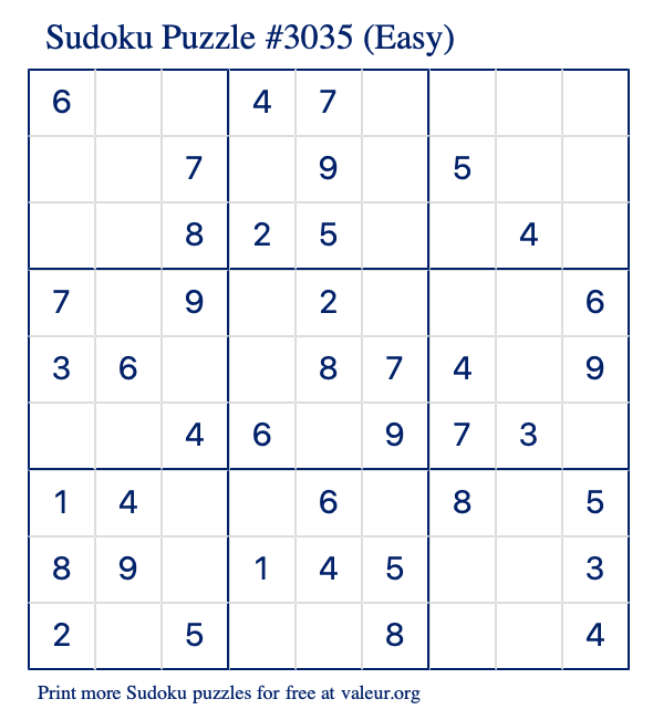 Free Printable Easy Sudoku Puzzle number 3035