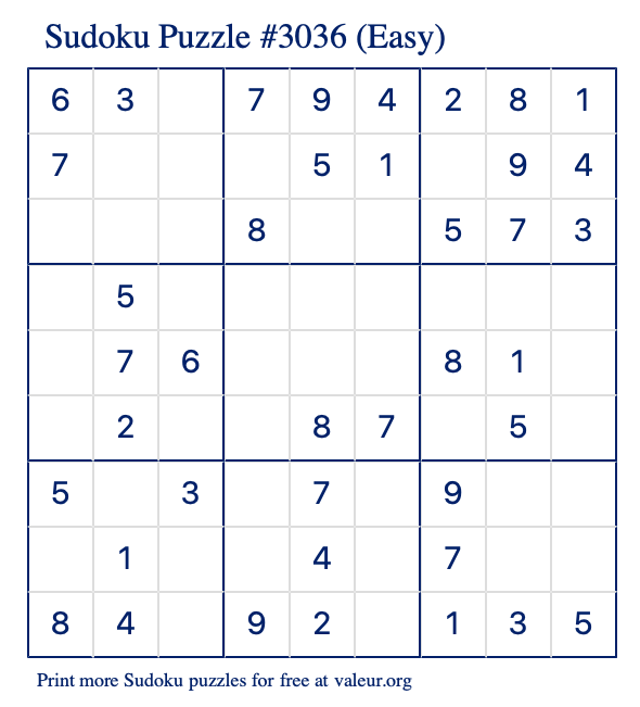 Free Printable Easy Sudoku Puzzle number 3036