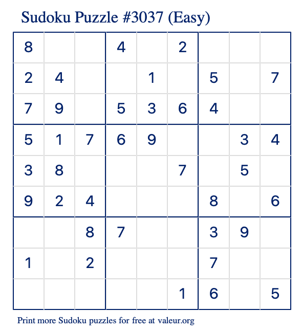 Free Printable Easy Sudoku Puzzle number 3037