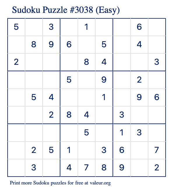 Free Printable Easy Sudoku Puzzle number 3038