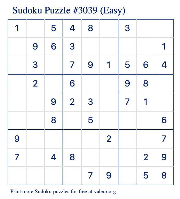 Free Printable Easy Sudoku Puzzle number 3039