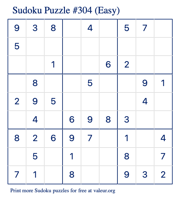 Free Printable Easy Sudoku Puzzle number 304