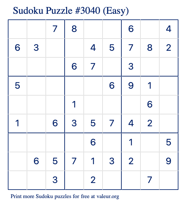 Free Printable Easy Sudoku Puzzle number 3040