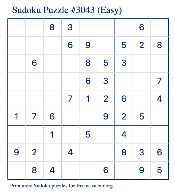 Free Printable Easy Sudoku Puzzle number 3043