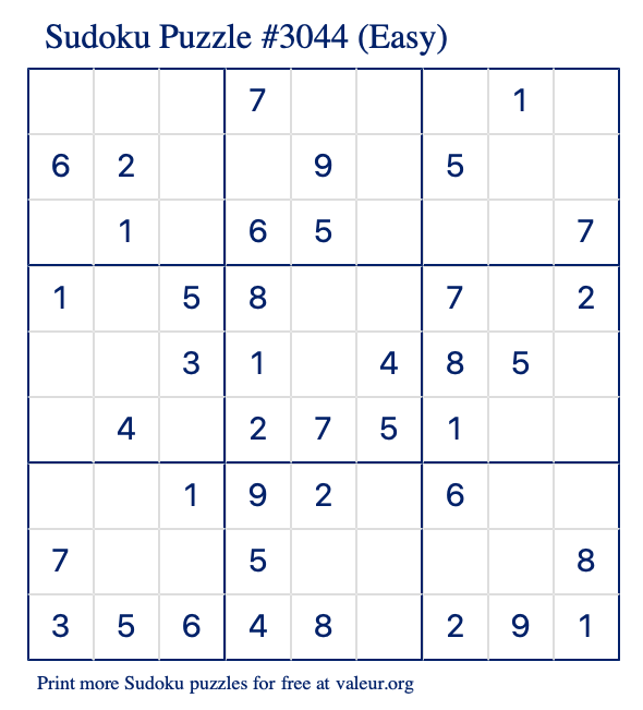 Free Printable Easy Sudoku Puzzle number 3044