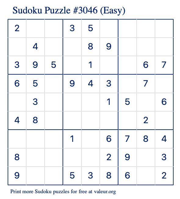 Free Printable Easy Sudoku Puzzle number 3046