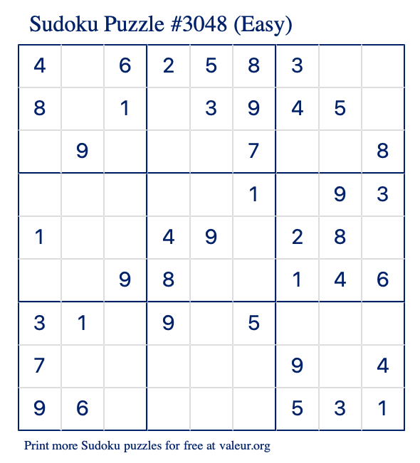 Free Printable Easy Sudoku Puzzle number 3048