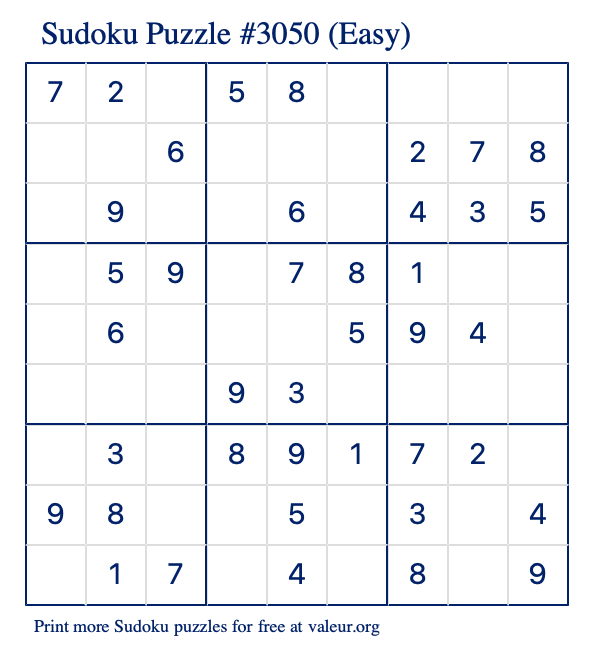 Free Printable Easy Sudoku Puzzle number 3050