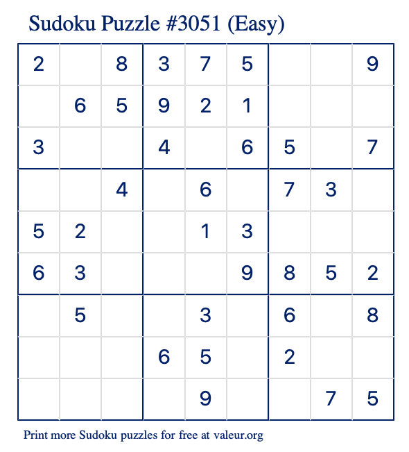 Free Printable Easy Sudoku Puzzle number 3051