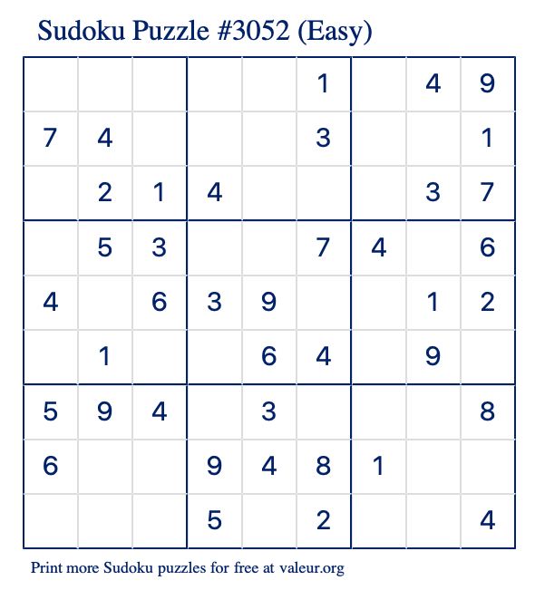 Free Printable Easy Sudoku Puzzle number 3052