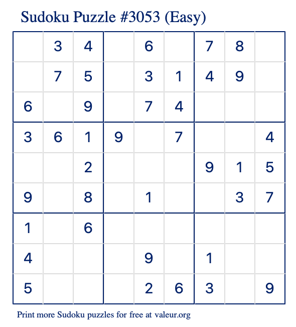 Free Printable Easy Sudoku Puzzle number 3053