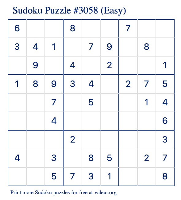 Free Printable Easy Sudoku Puzzle number 3058