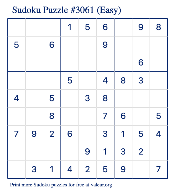 Free Printable Easy Sudoku Puzzle number 3061