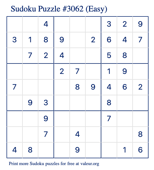 Free Printable Easy Sudoku Puzzle number 3062