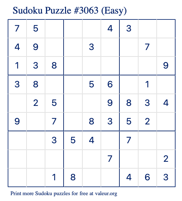 Free Printable Easy Sudoku Puzzle number 3063