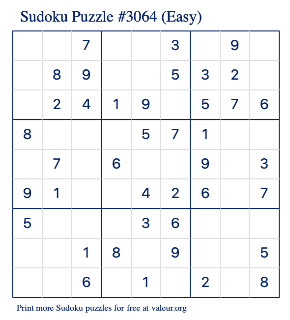 Free Printable Easy Sudoku Puzzle number 3064