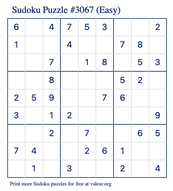 Free Printable Easy Sudoku Puzzle number 3067