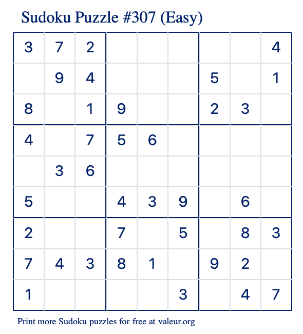 Free Printable Easy Sudoku Puzzle number 307