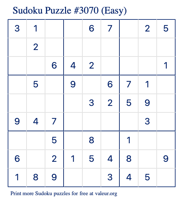 Free Printable Easy Sudoku Puzzle number 3070