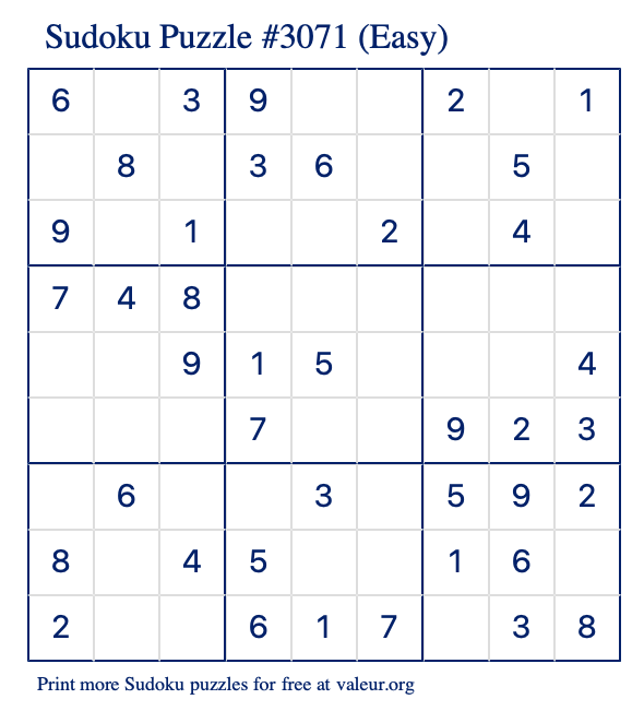 Free Printable Easy Sudoku Puzzle number 3071