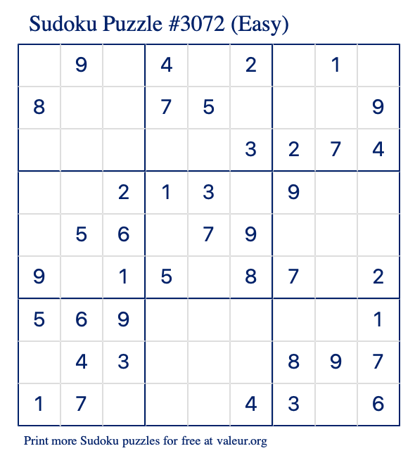 Free Printable Easy Sudoku Puzzle number 3072